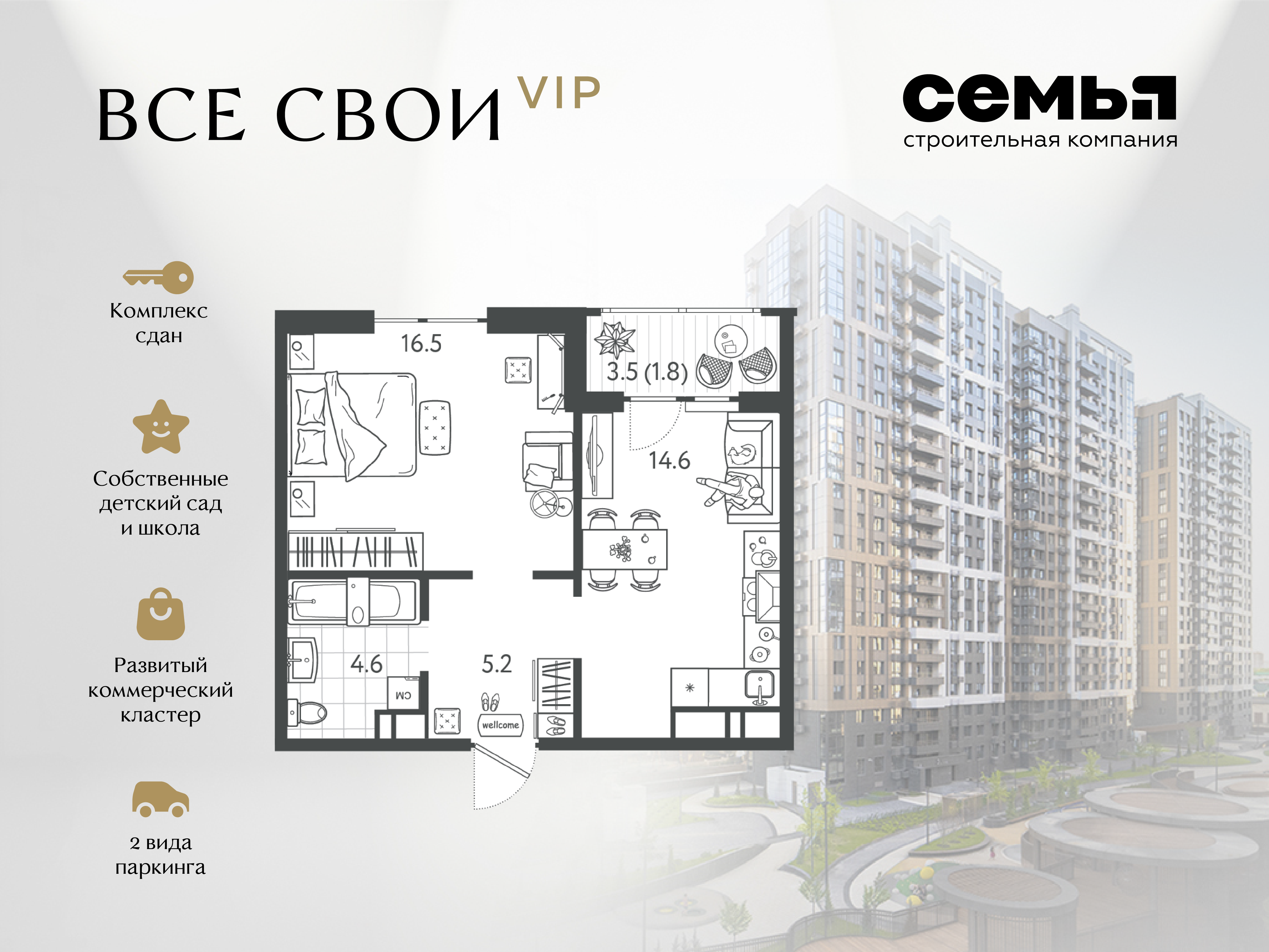 Планировка 1-комн. в ЖК «Все свои»