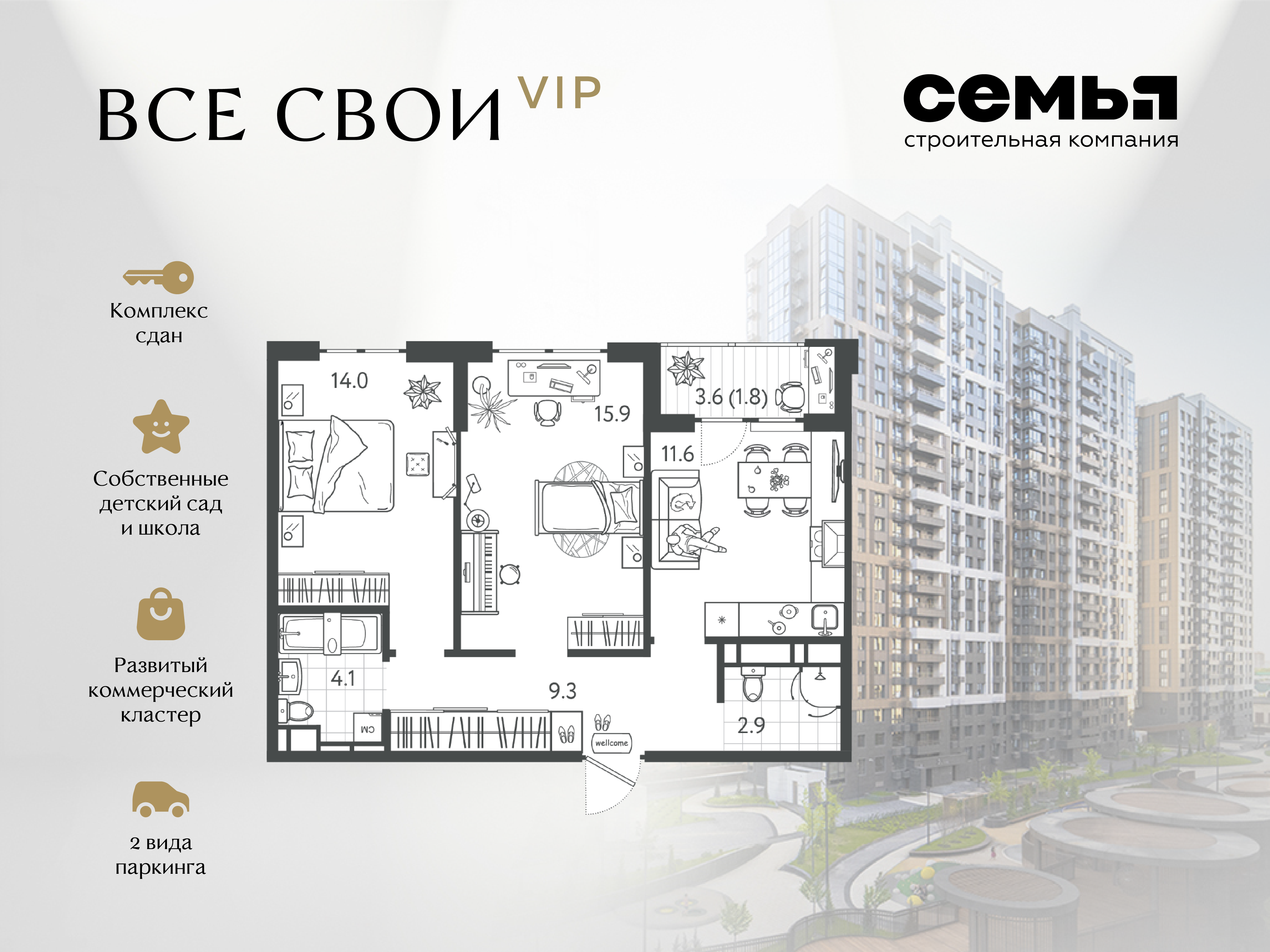 Планировка 2-комн. в ЖК «Все свои»