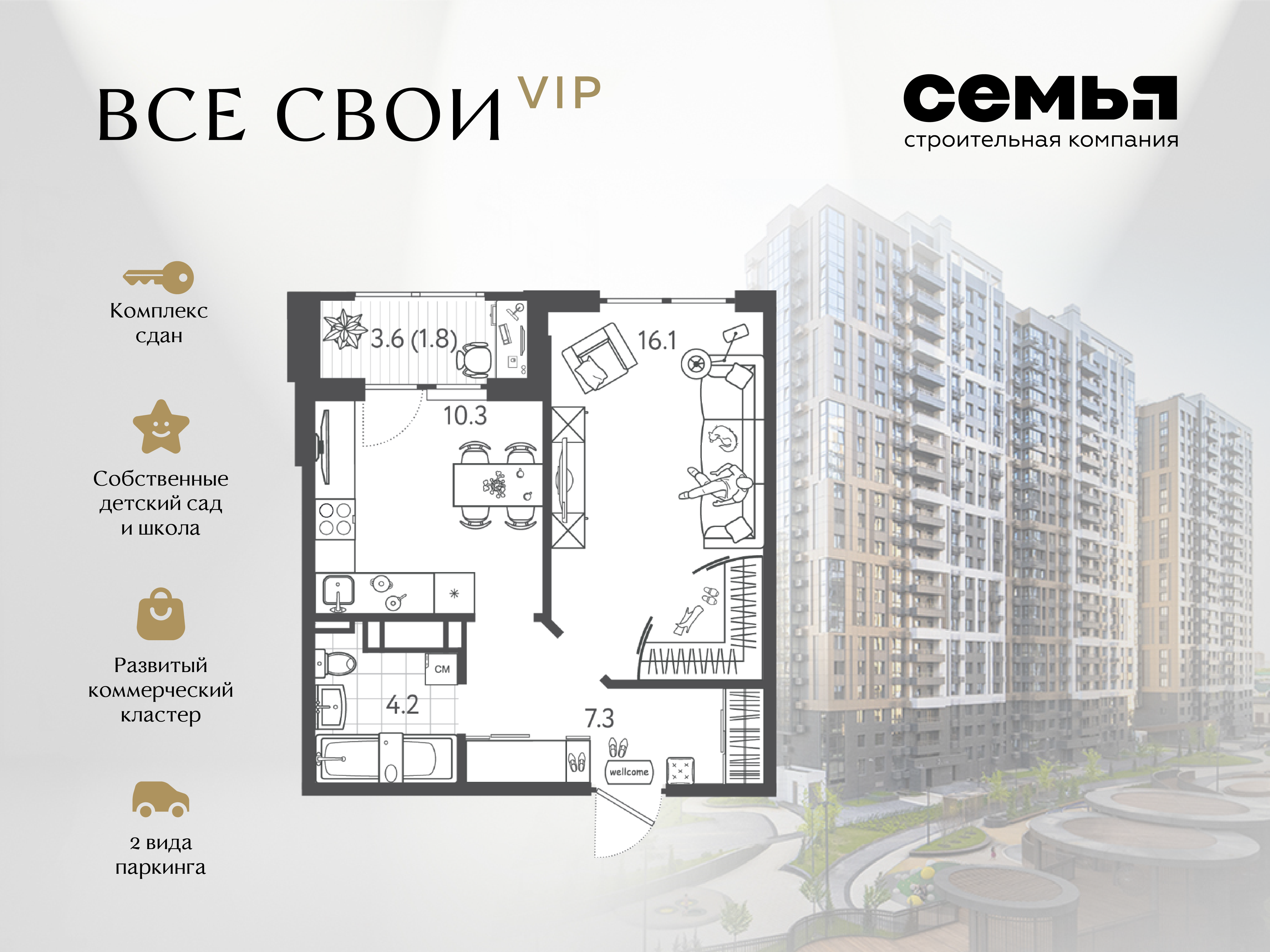 Планировка 1-комн. в ЖК «Все свои»
