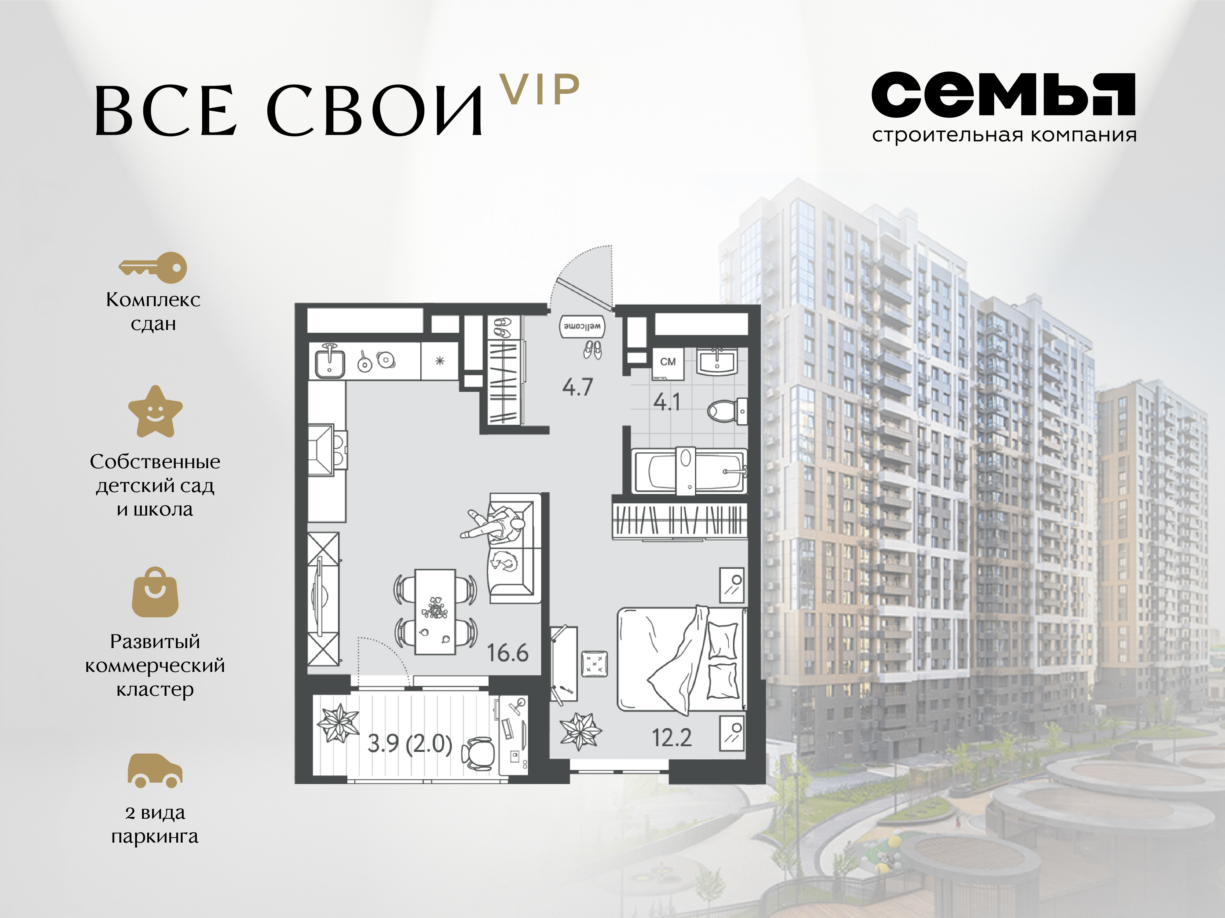Планировка 1-комн. в ЖК «Все свои»