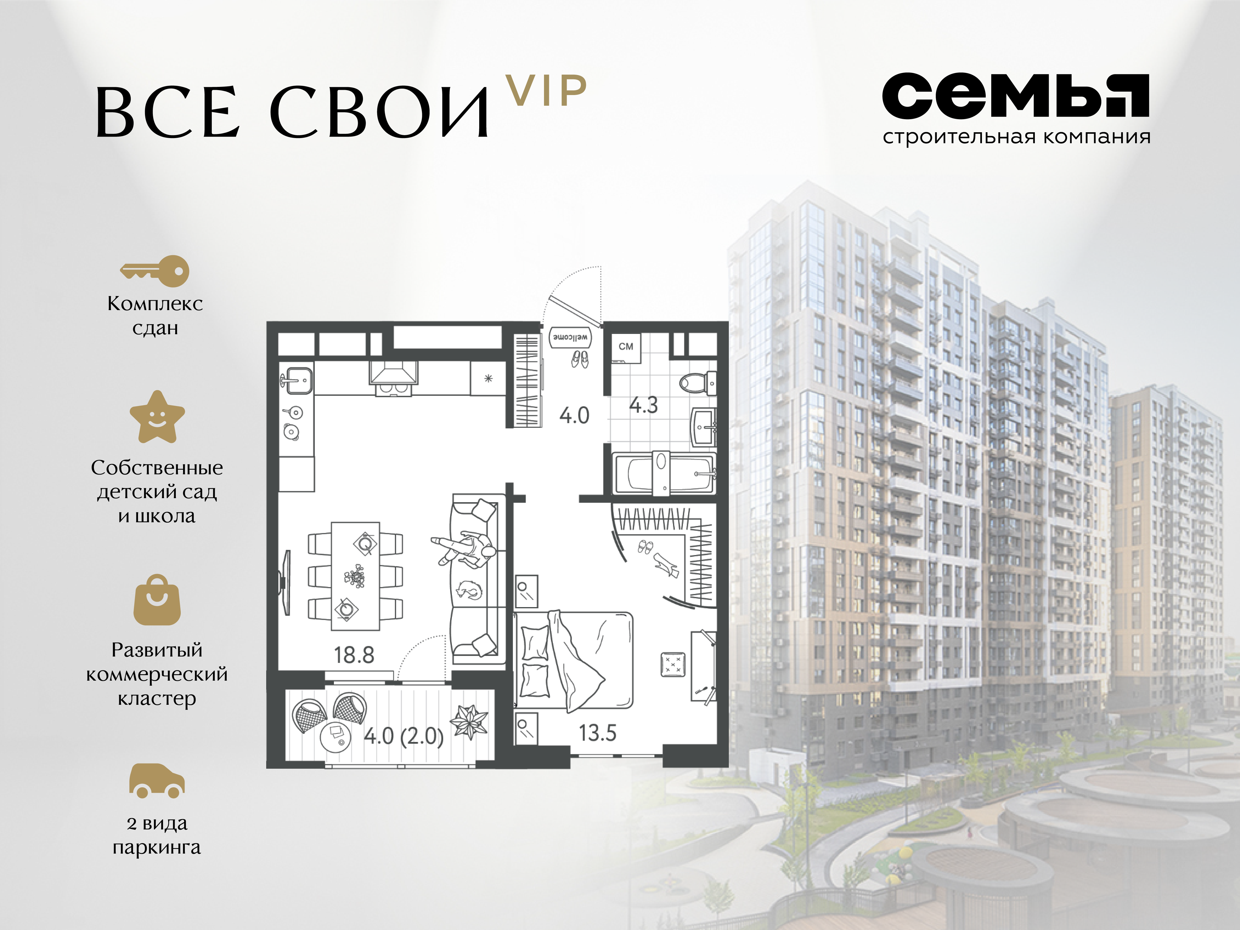 Планировка 1-комн. в ЖК «Все свои»