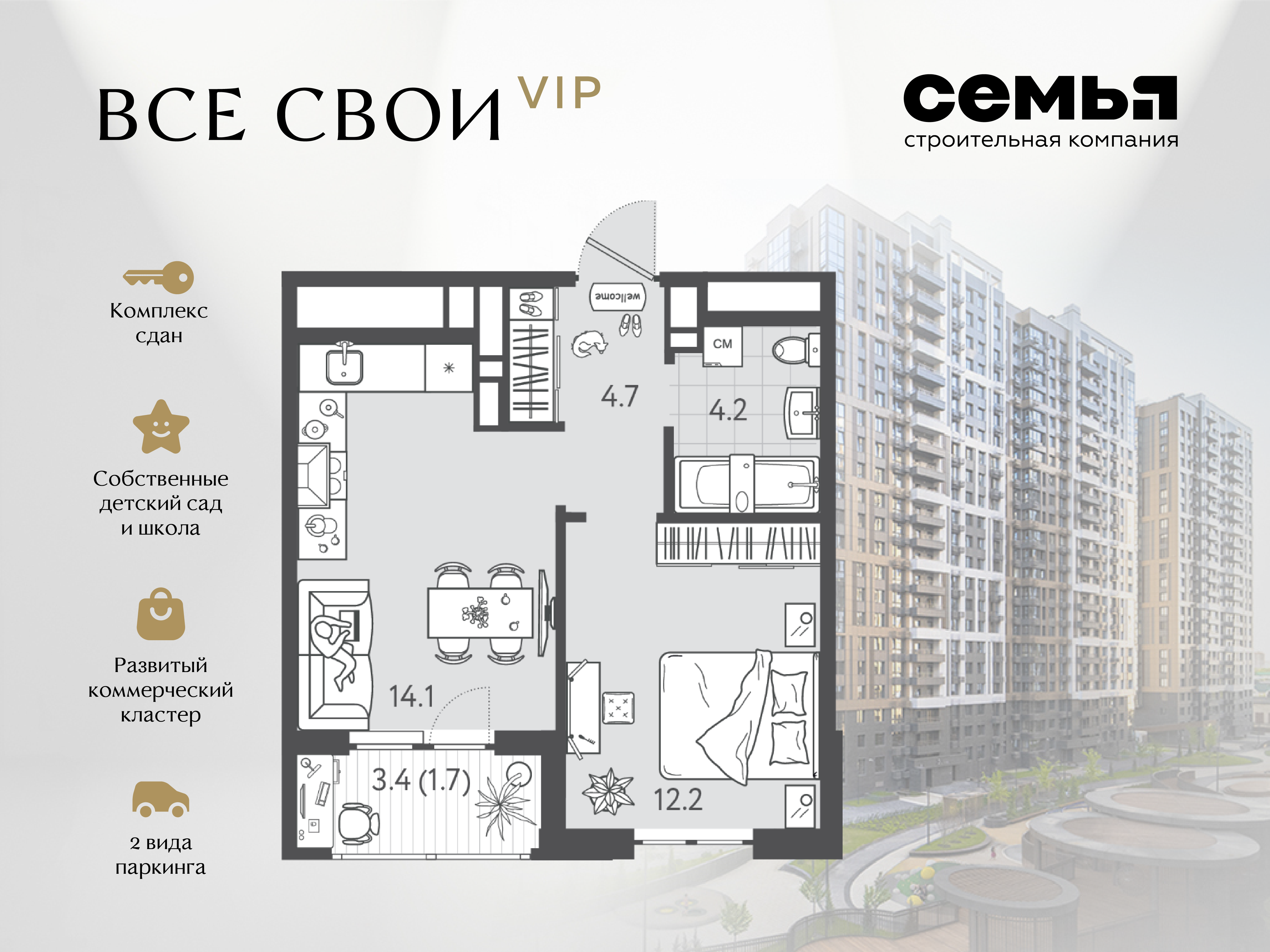 Планировка 1-комн. в ЖК «Все свои»