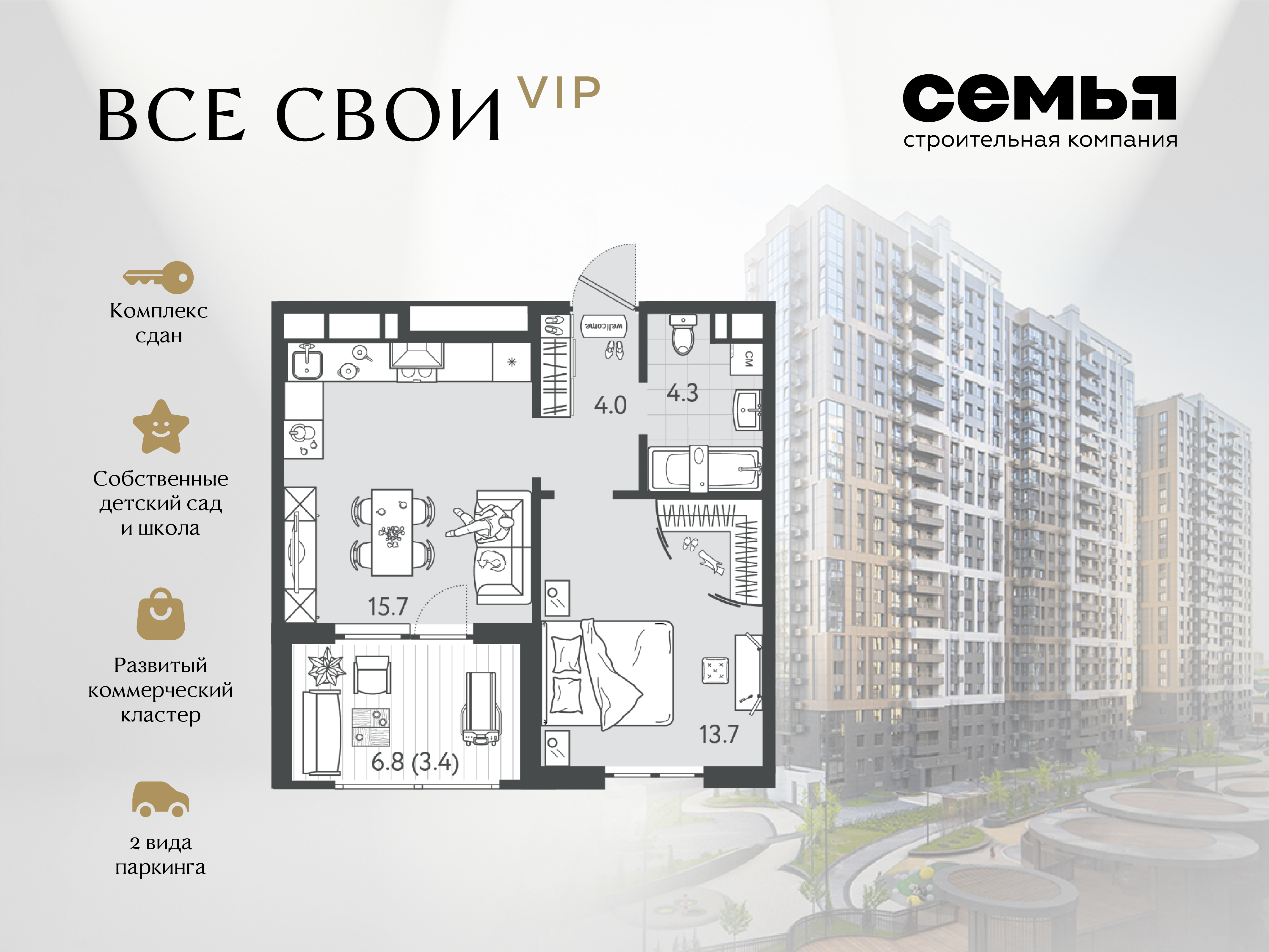 Планировка 1-комн. в ЖК «Все свои»