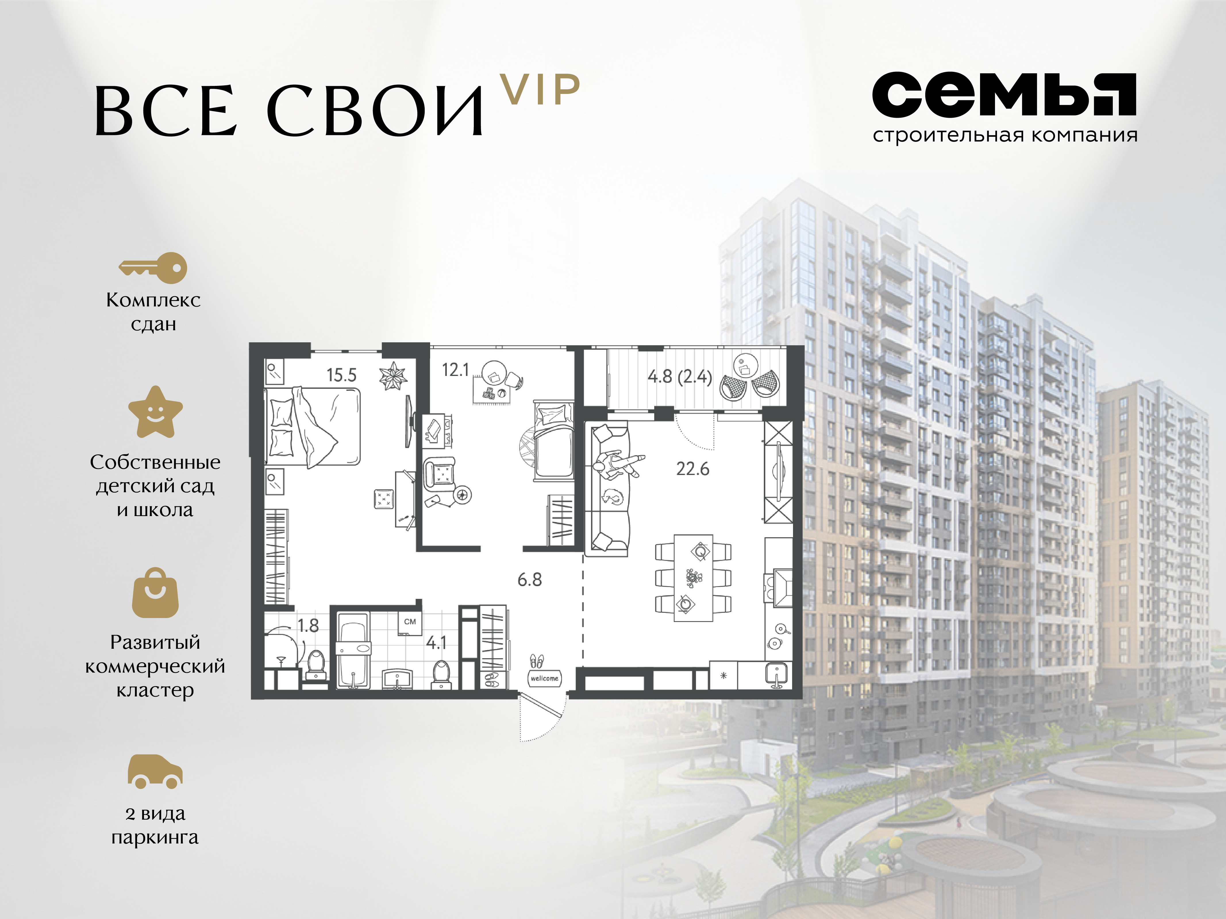 Планировка 2-евро в ЖК «Все свои»
