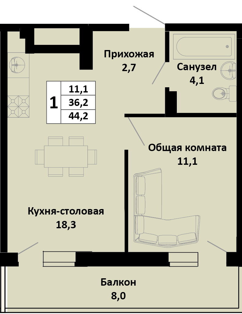 Планировка 1-комн. в ЖК «Южные соседи»