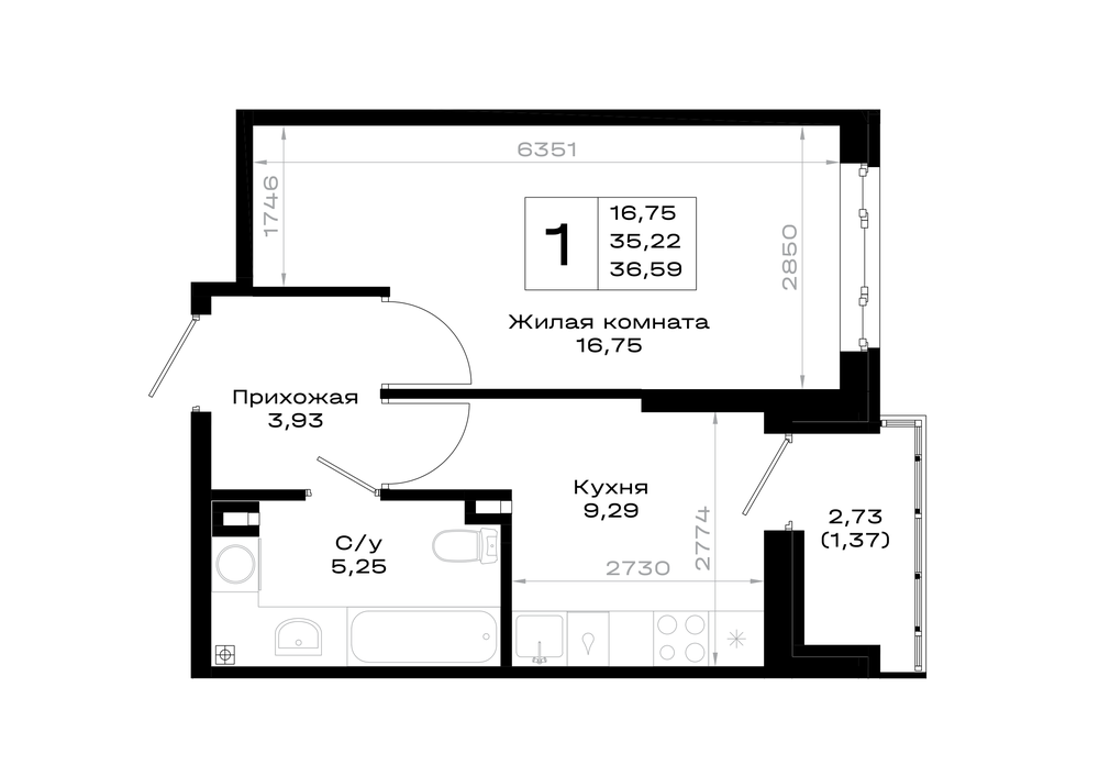 Планировка 1-комн. в ЖК «Октябрь Парк»