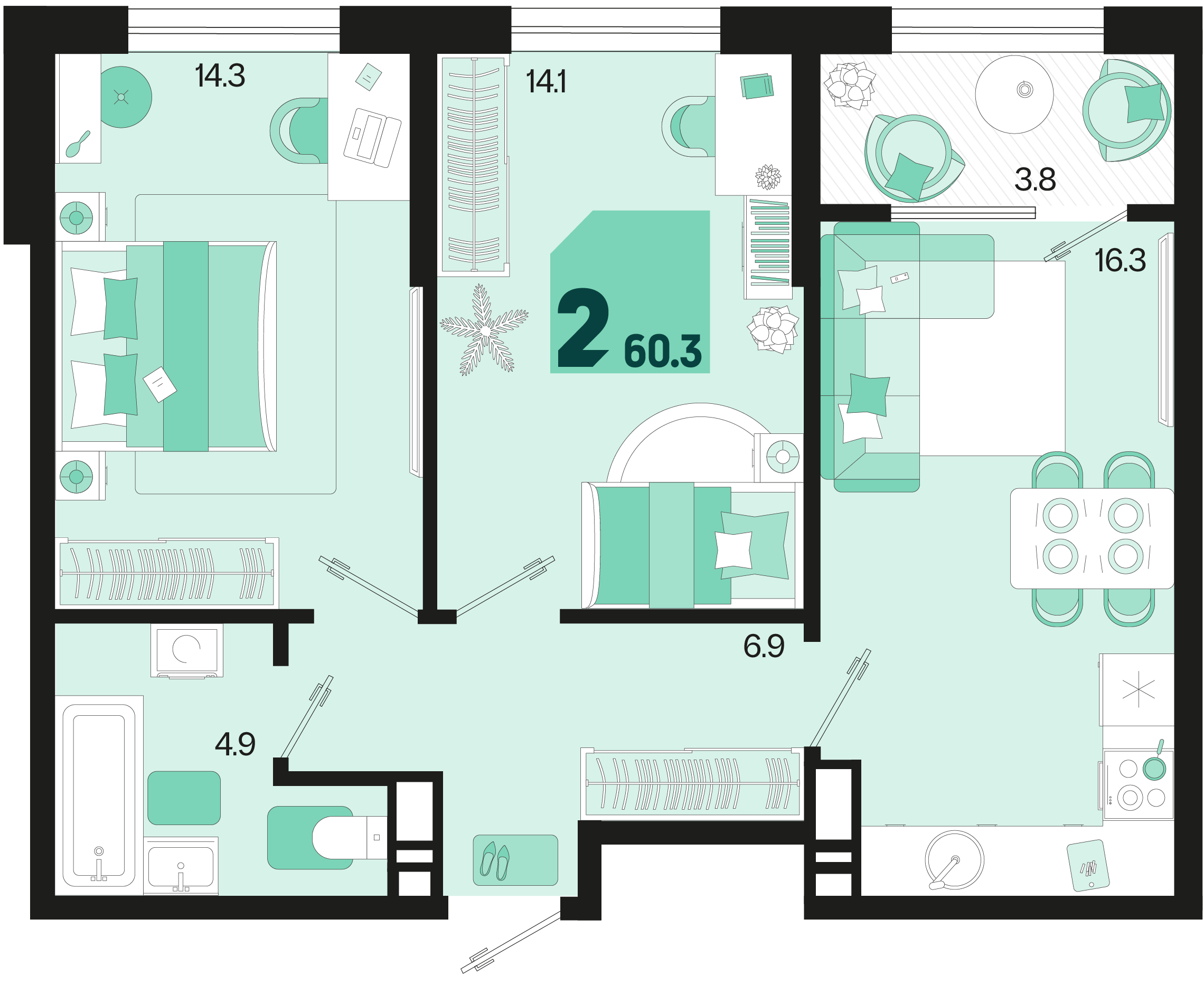 Планировка 2-комн. в ЖК «Первое место»