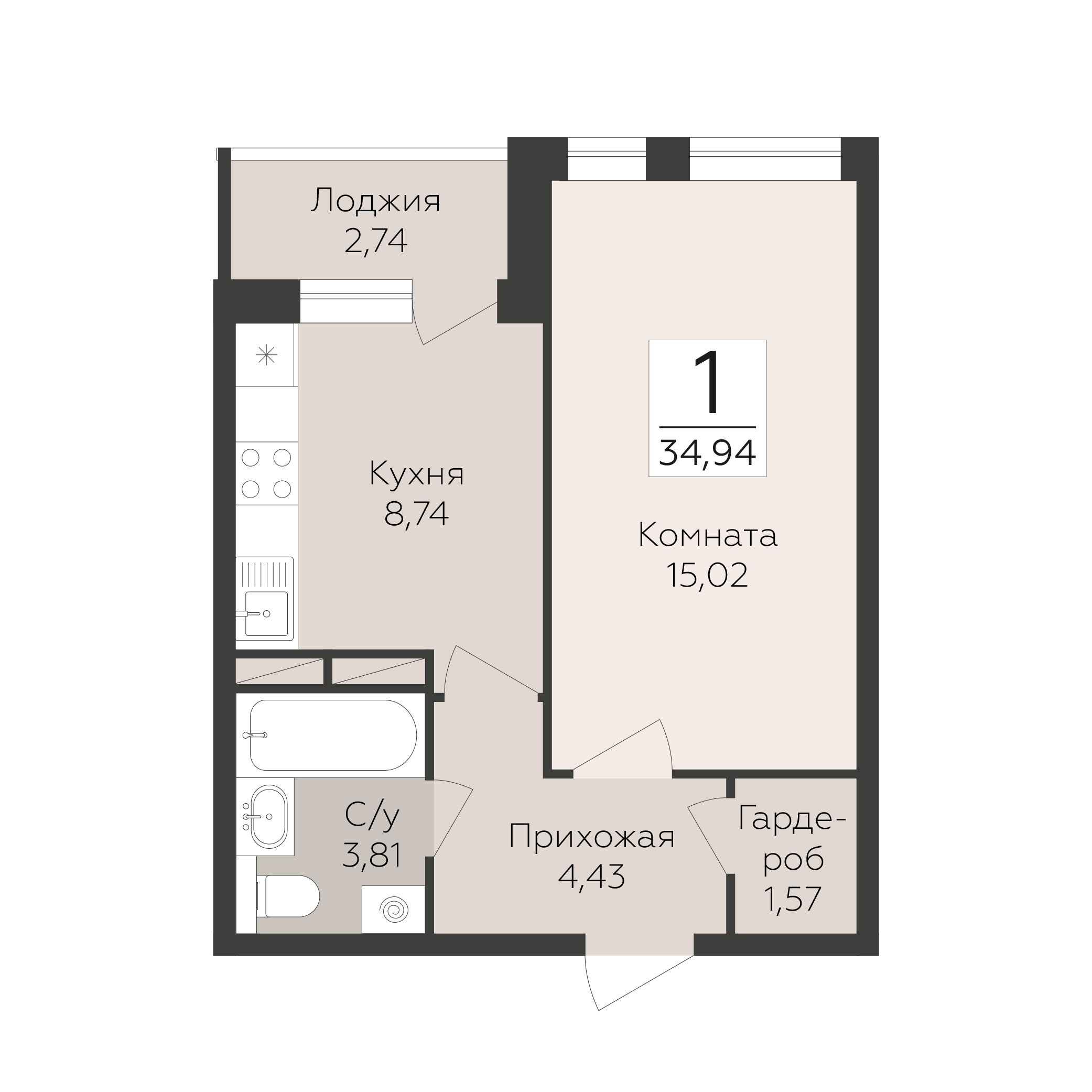 Планировка 2-комн. в ЖК «Дом Архитектора»