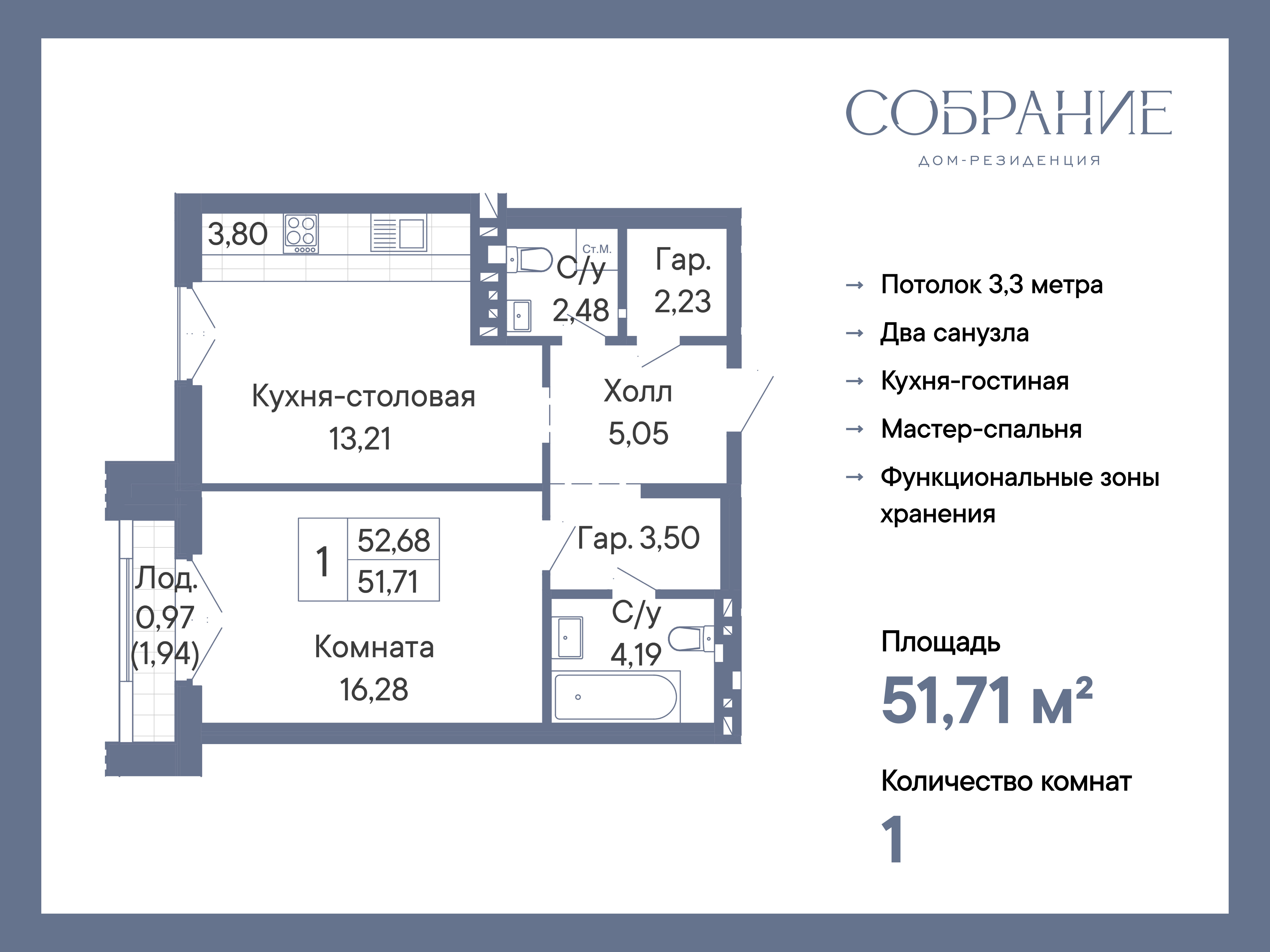 Планировка 2-евро в ЖК «Собрание»
