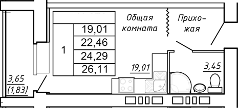 Планировка Студия в ЖК «Сиреневый квартал»