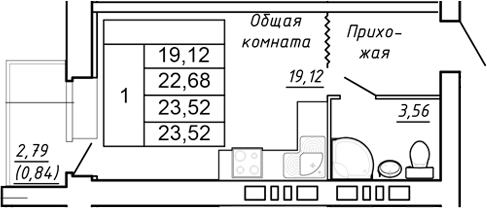 Планировка Студия в ЖК «Сиреневый квартал»