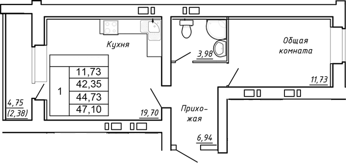 Планировка 1-комн. в ЖК «Сиреневый квартал»