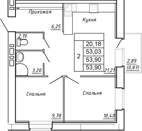 Планировка 2-евро в ЖК «Сиреневый квартал»