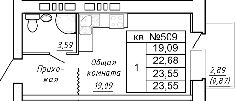 Планировка Студия в ЖК «Сиреневый квартал»