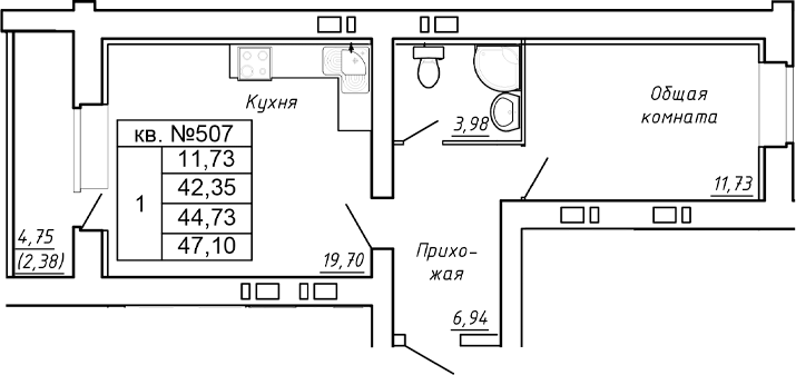 Планировка 1-комн. в ЖК «Сиреневый квартал»