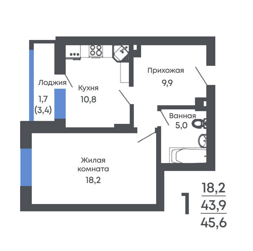 Планировка 1-комн. в ЖК «Рамонь парк»