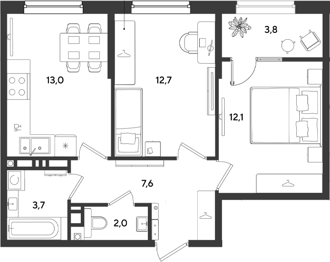 Планировка 2-комн. в ЖК «РИДЗ»