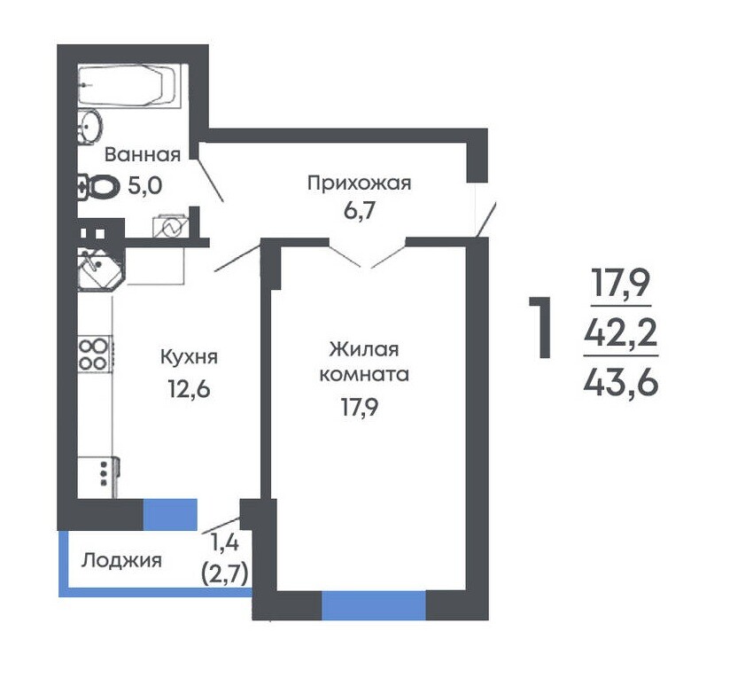 Планировка 1-комн. в ЖК «Рамонь парк»