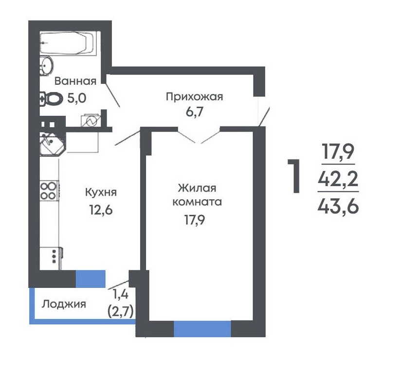 Планировка 1-комн. в ЖК «Рамонь парк»