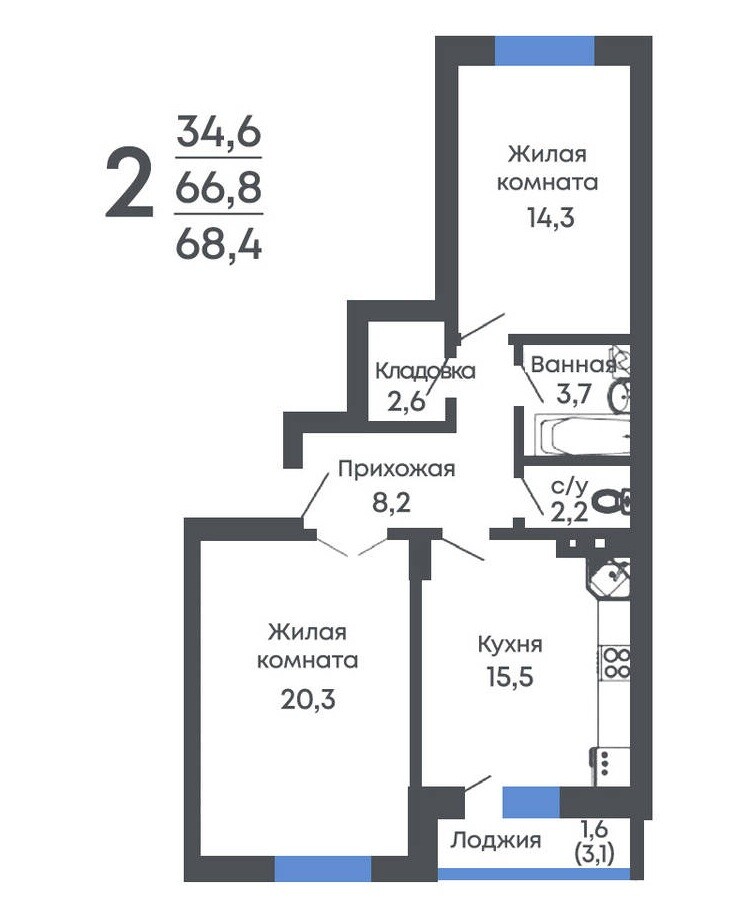 Планировка 2-комн. в ЖК «Рамонь парк»