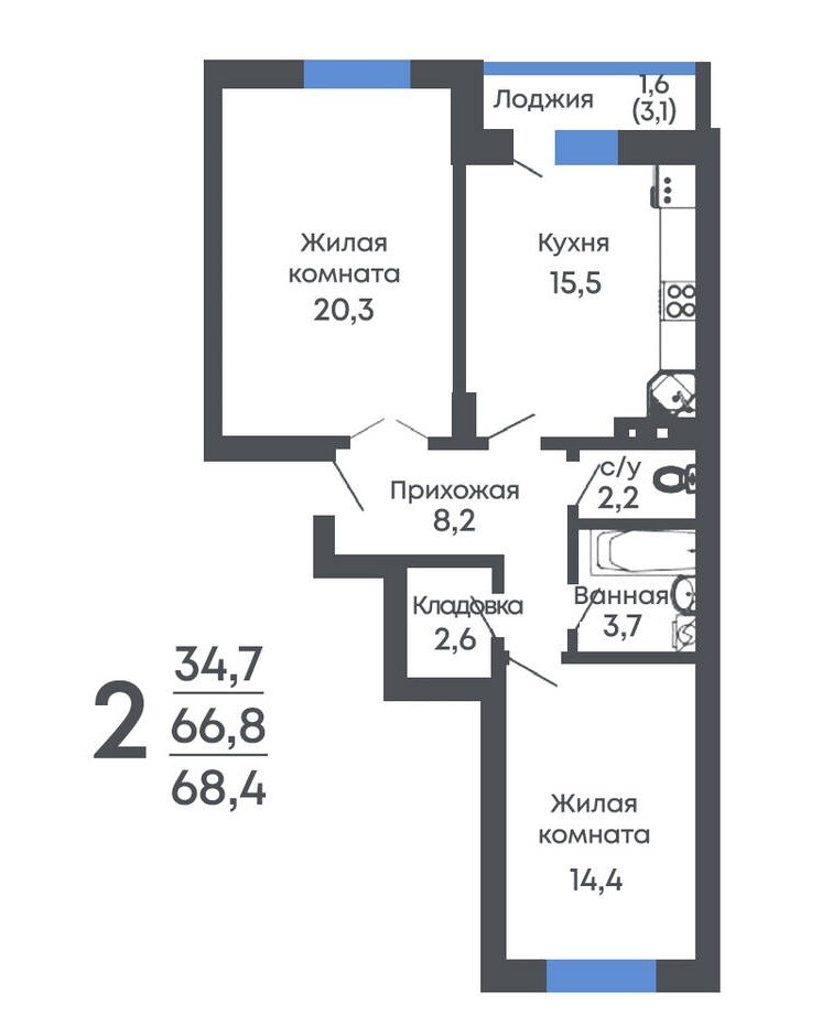 Планировка 2-комн. в ЖК «Рамонь парк»