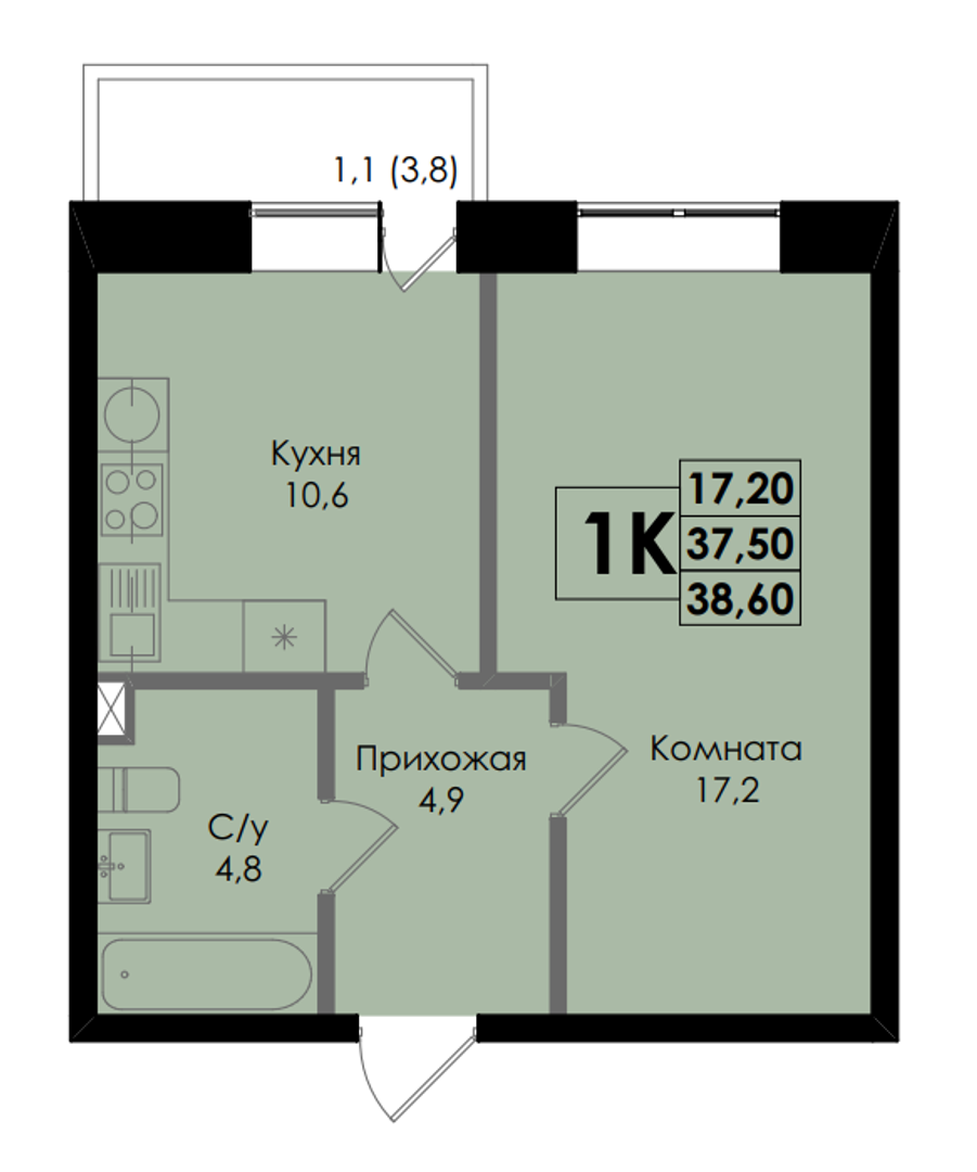 Планировка 1-комн. в ЖК «BOTANIKA»
