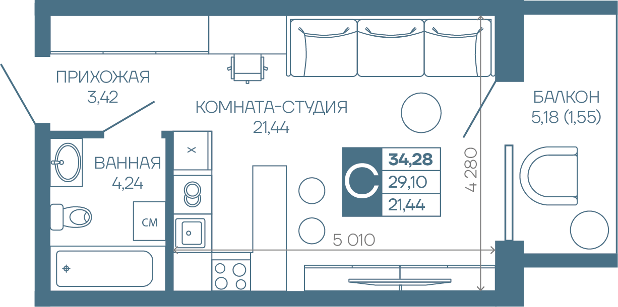 Планировка Студия в ЖК «Иначе в Молодежном»