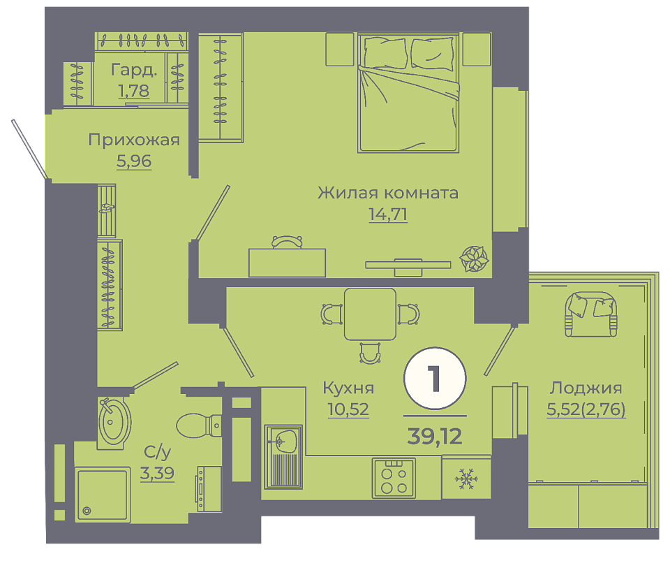 Планировка 1-комн. в ЖК «Сокольники»