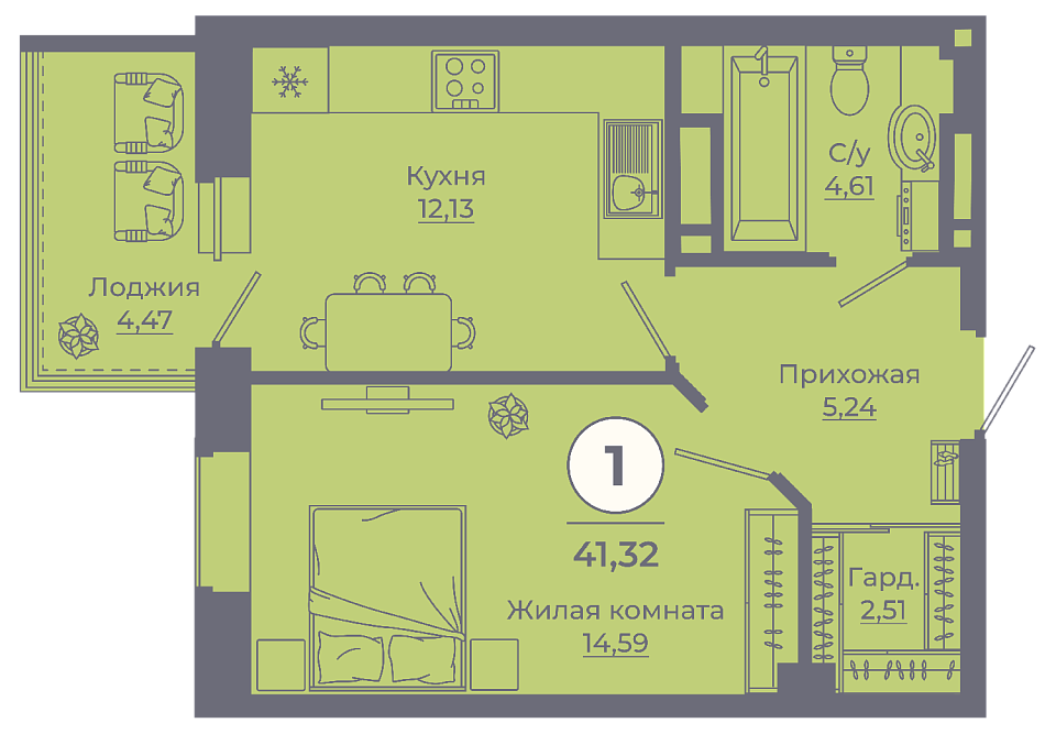 Планировка 1-комн. в ЖК «Сокольники»