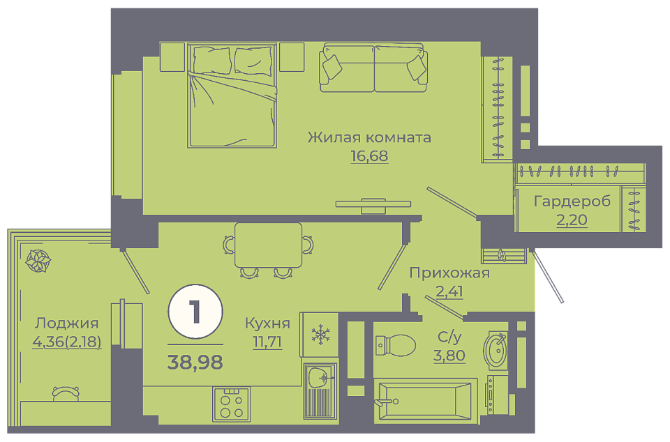 Планировка 1-комн. в ЖК «Сокольники»