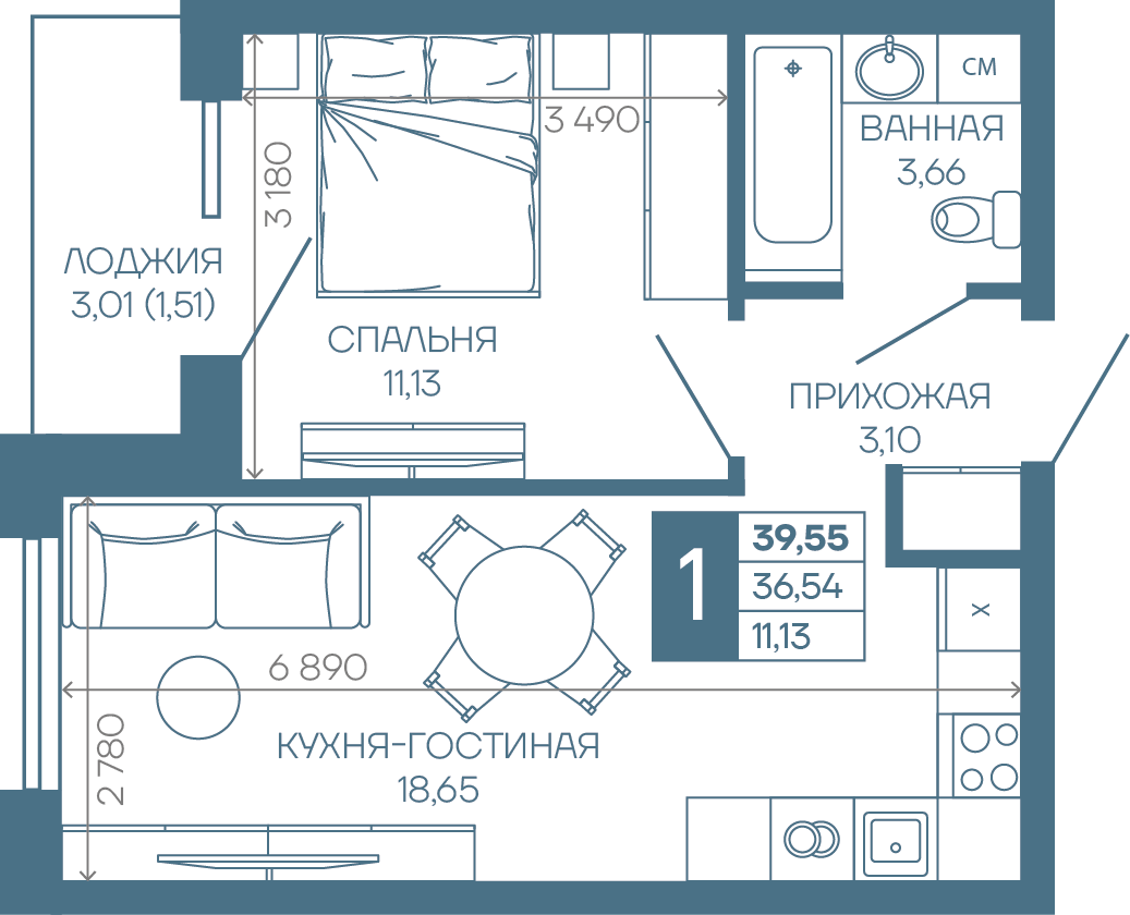 Планировка 1-комн. в ЖК «Иначе в Молодежном»