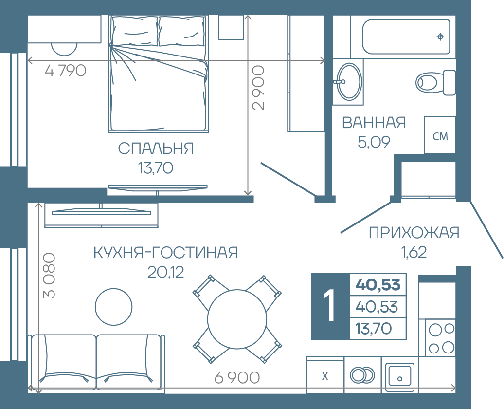 Планировка 1-комн. в ЖК «Иначе в Молодежном»
