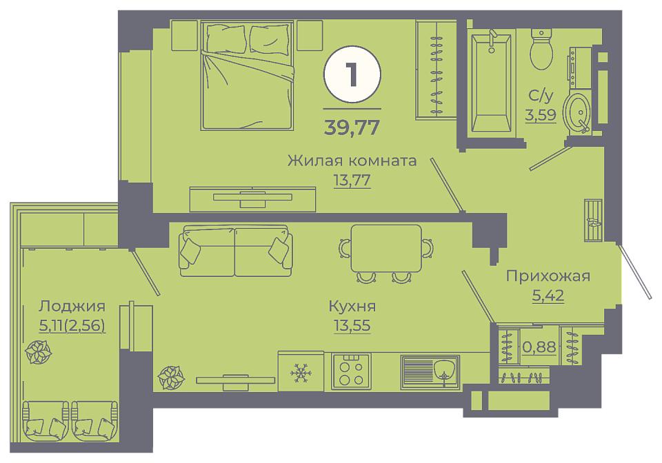 Планировка 1-комн. в ЖК «Сокольники»