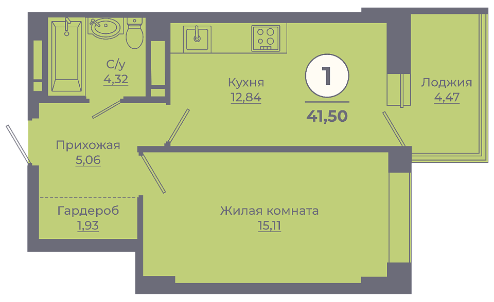 Планировка 1-комн. в ЖК «Сокольники»