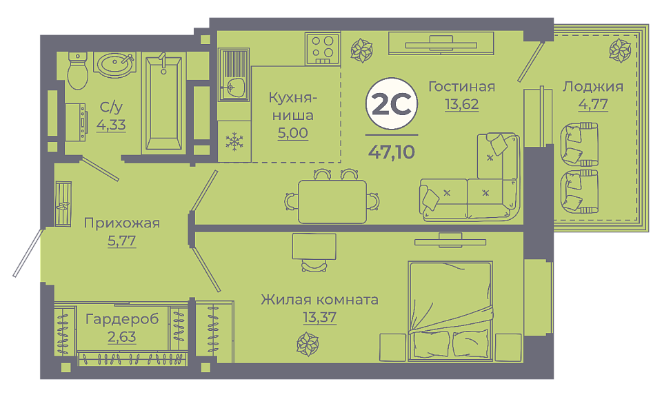 Планировка 2-евро в ЖК «Сокольники»