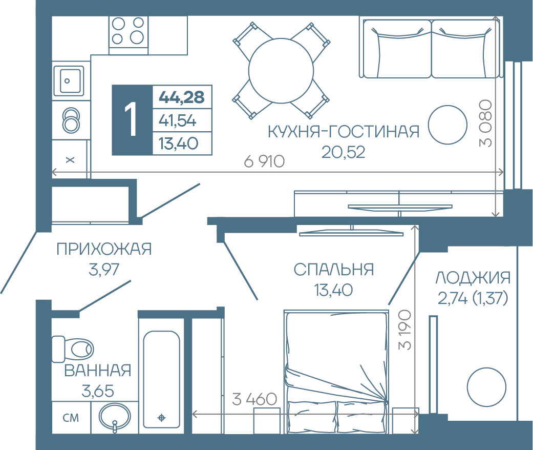 Планировка 1-комн. в ЖК «Иначе в Молодежном»