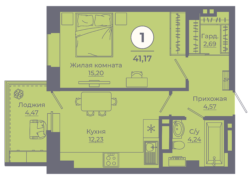 Планировка 1-комн. в ЖК «Сокольники»
