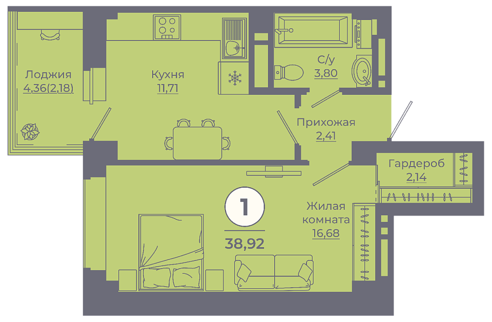 Планировка 1-комн. в ЖК «Сокольники»