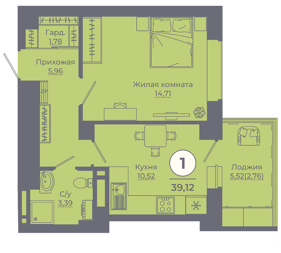 Планировка 1-комн. в ЖК «Сокольники»