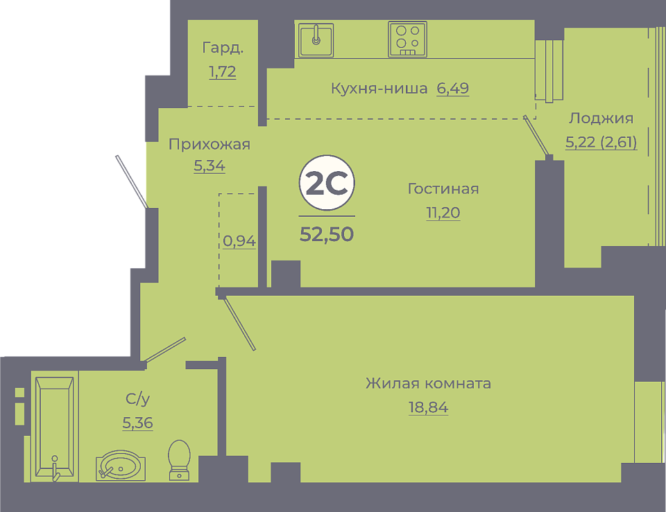Планировка 2-евро в ЖК «Сокольники»