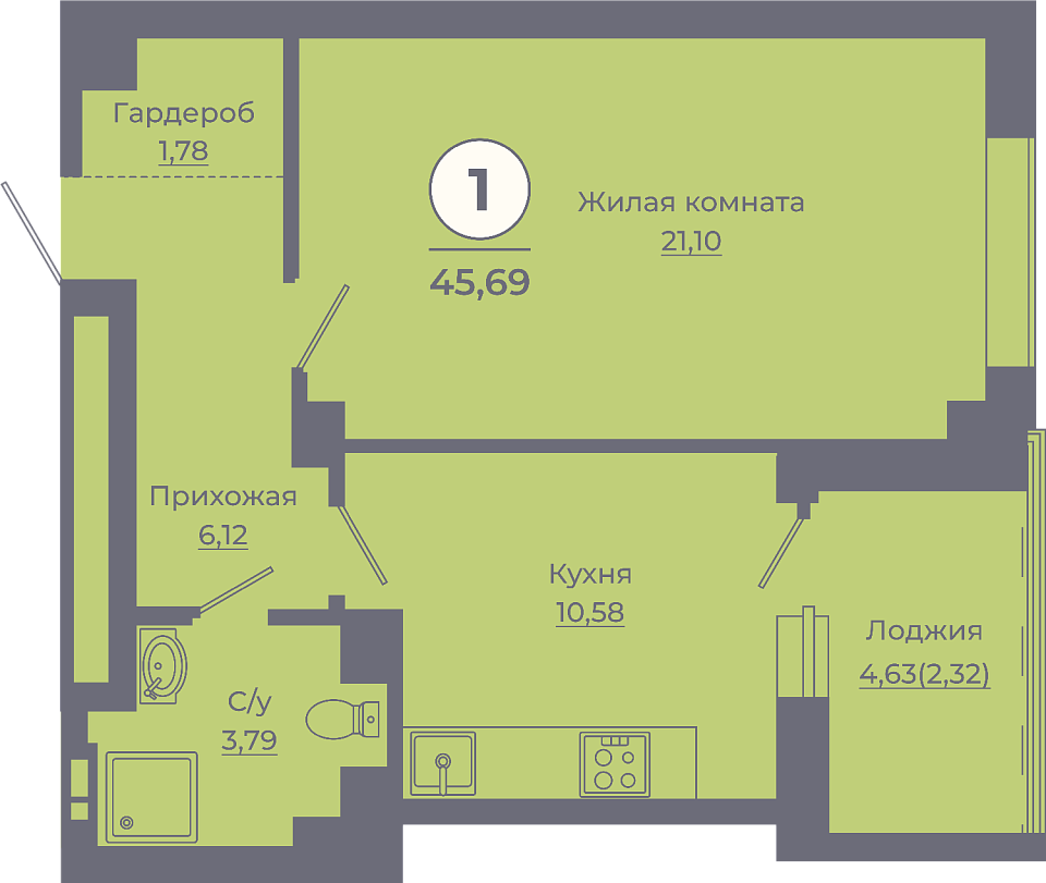 Планировка 1-комн. в ЖК «Сокольники»