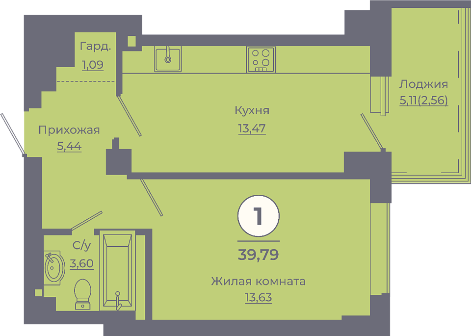 Планировка 1-комн. в ЖК «Сокольники»