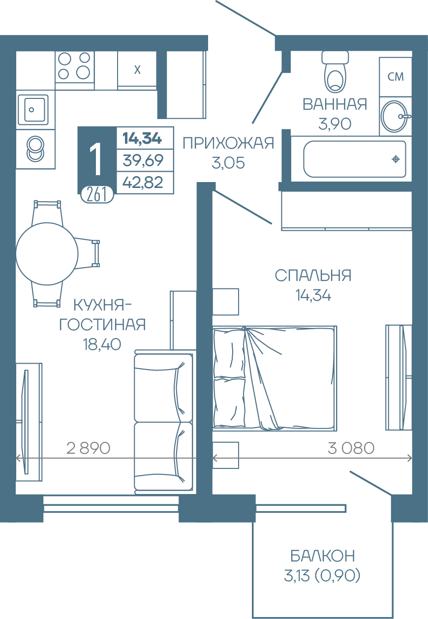 Планировка 1-комн. в ЖК «Иначе в Молодежном»