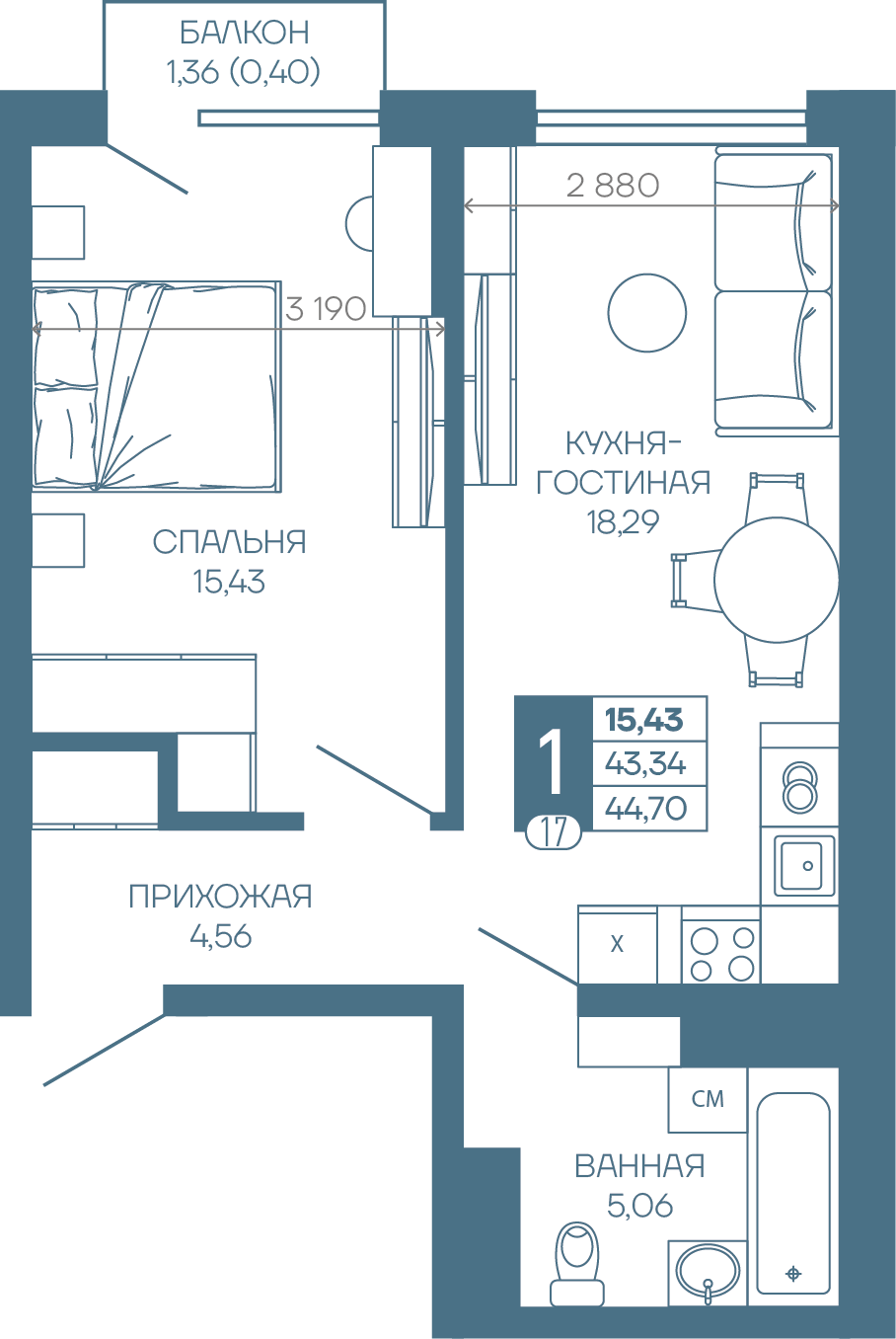 Планировка 1-комн. в ЖК «Иначе в Молодежном»