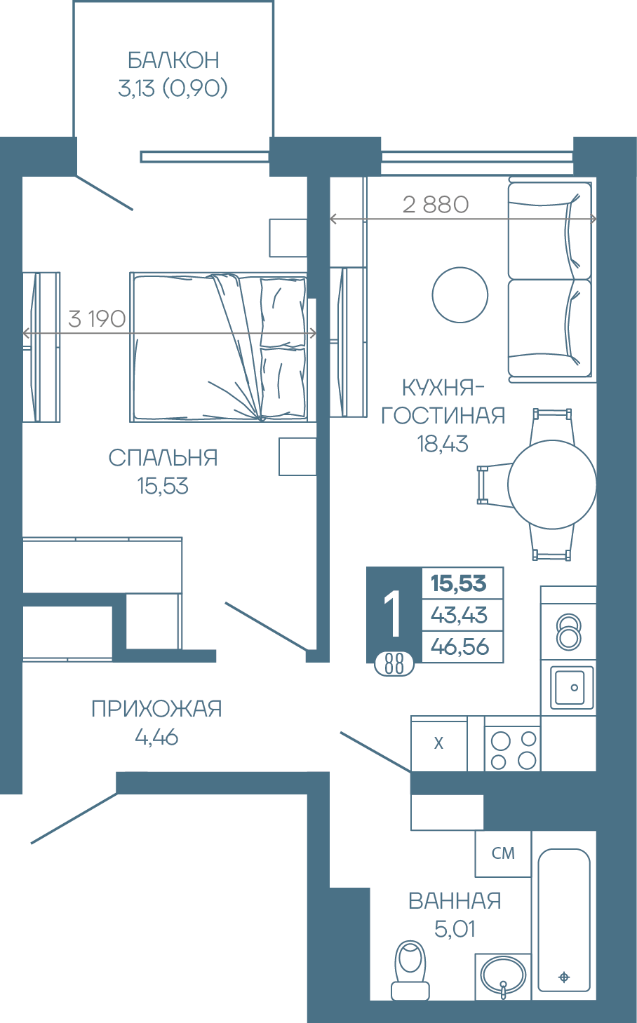 Планировка 1-комн. в ЖК «Иначе в Молодежном»