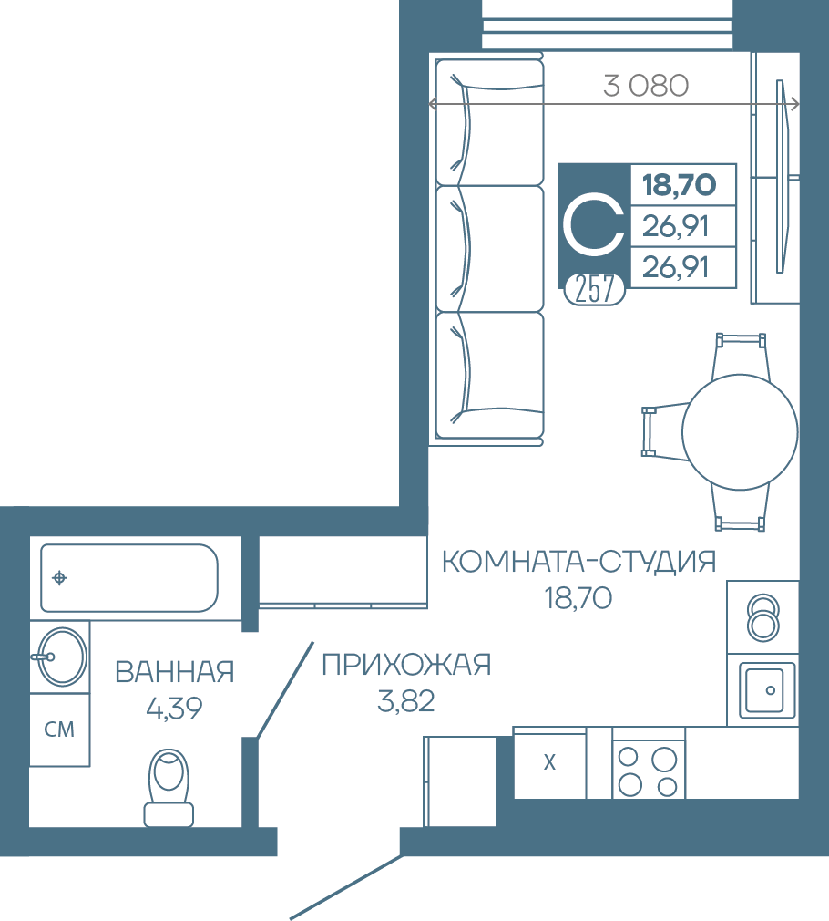 Планировка Студия в ЖК «Иначе в Молодежном»