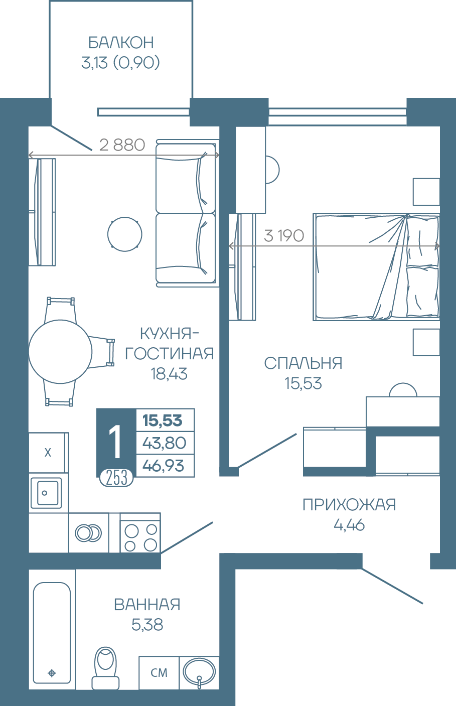 Планировка 1-комн. в ЖК «Иначе в Молодежном»