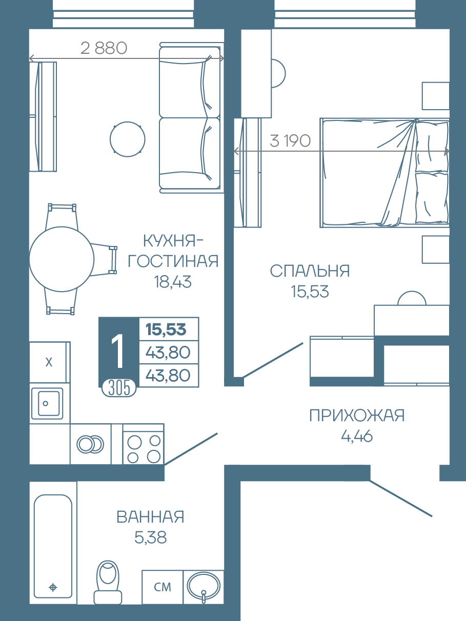 Планировка 1-комн. в ЖК «Иначе в Молодежном»