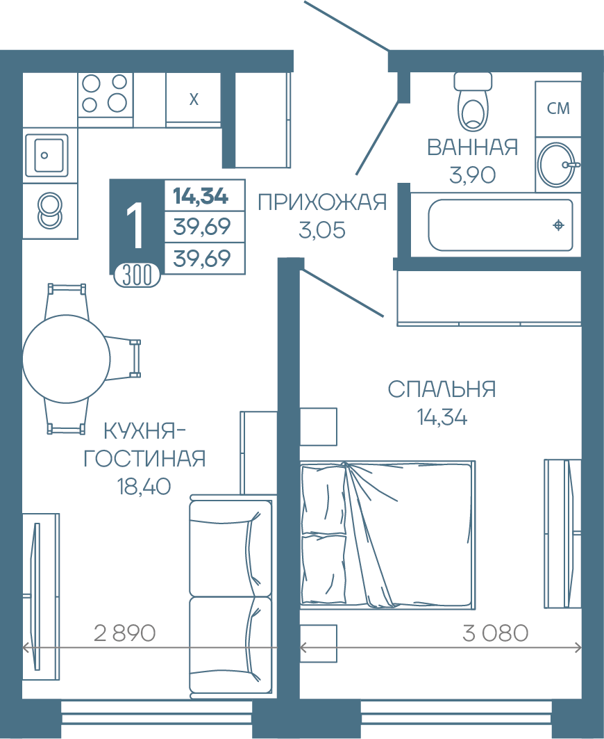Планировка 1-комн. в ЖК «Иначе в Молодежном»