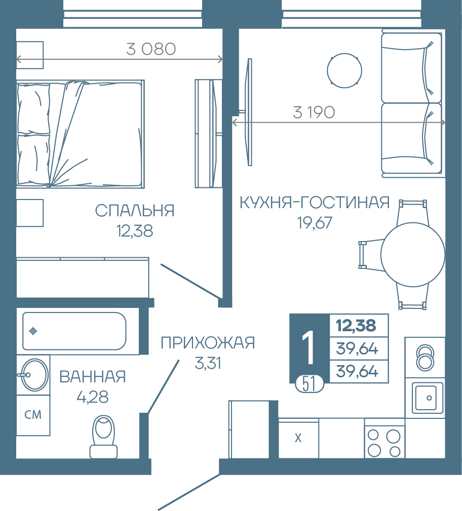 Планировка 1-комн. в ЖК «Иначе в Молодежном»